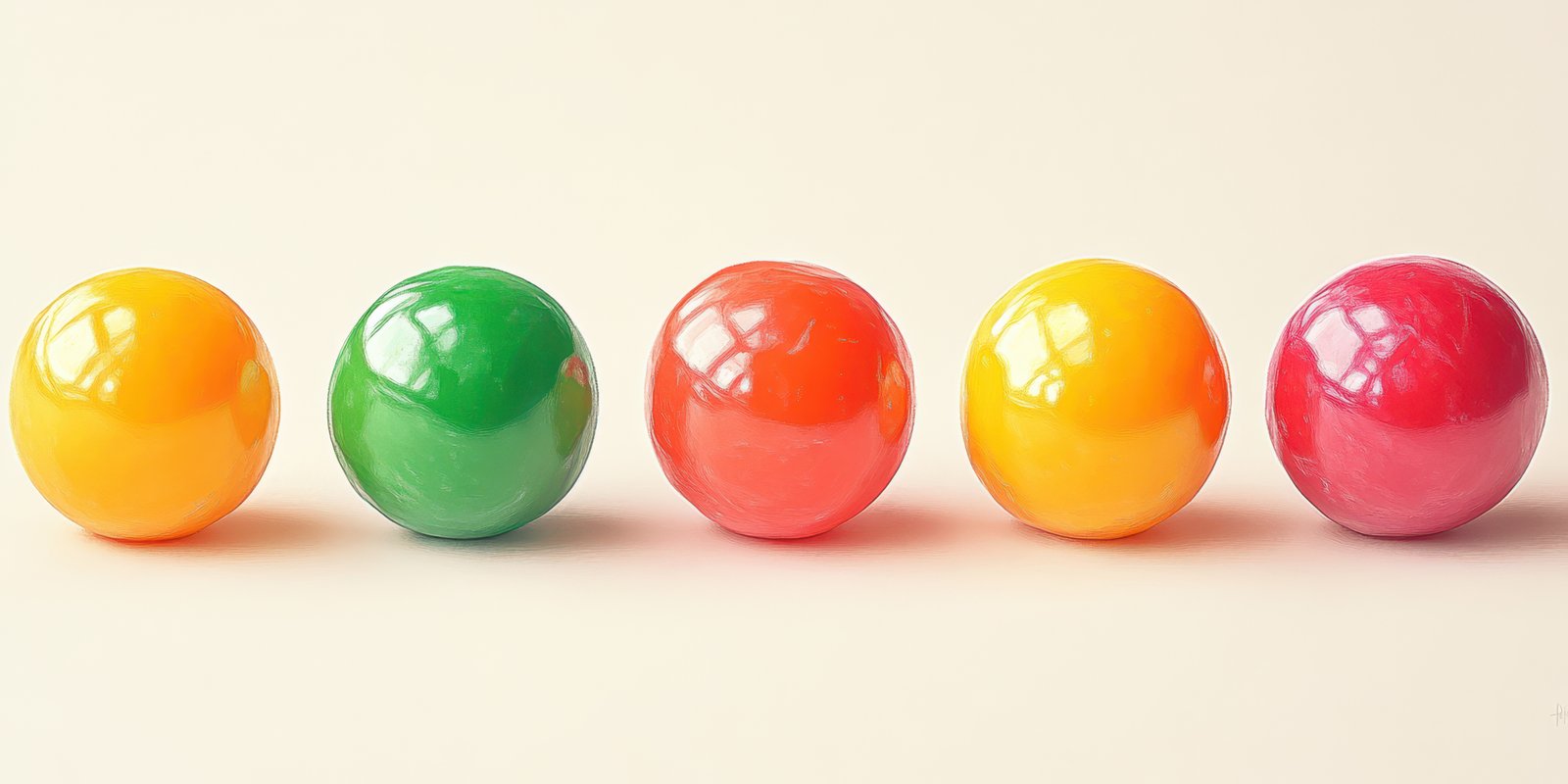 Colorful round balls arranged in a line with shiny surfaces and vivid hues in a bright setting